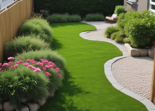 A meticulously landscaped garden featuring carefully trimmed trees with lush, rounded canopies. Large ornamental rocks are strategically placed throughout the garden, which is enclosed by a low stone fence. The setting is sunlit, casting soft shadows on the neatly paved ground.