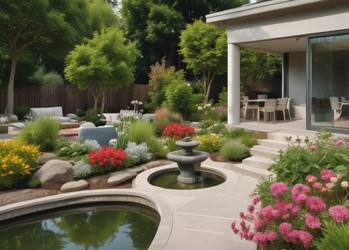 A landscaped garden area featuring stone steps leading up to a brick facade of a house. There are lush green shrubs and plants lining the stone path, with yellow flowers adding a pop of color. A wooden outdoor seating set is partially visible, as well as a white metal chair and small circular table on the patio. Tall evergreens provide shade and backdrop to the scene.