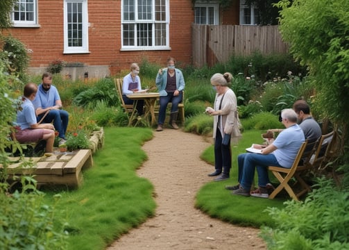 A lush garden landscape featuring a variety of greenery including shrubs and hostas, surrounded by tall pine trees. The ground is covered with well-maintained grass, and the garden is organized with neat edges and diverse plant species.