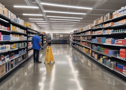 A person wearing bright orange work clothes is cleaning indoors, holding a mop. They have a fanny pack and are walking toward a tiled wall.
