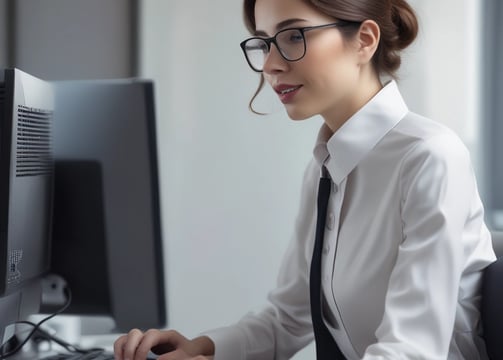 A black and white image featuring a security guard standing on a paved area of a modern building. The guard is wearing a uniform, including a shirt with shoulder insignia, a badge, a cap, and a mask. Architectural elements of the building are visible in the background, with tall geometric walls and an open passageway.