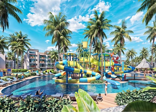 a large pool with a slider and a slider in the middle of the