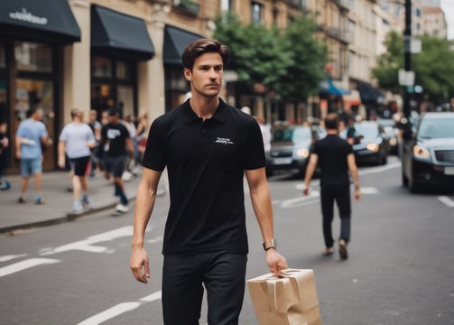 a man walking down the street with a parcel box