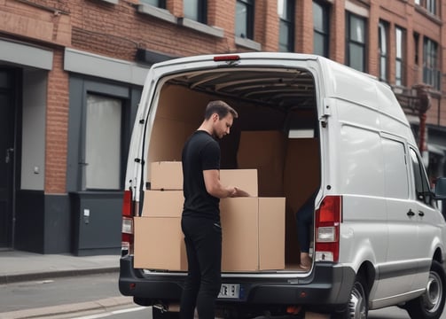 a man standing in front of a van with boxes