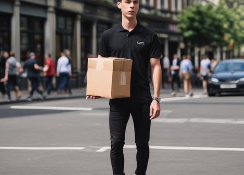 a man in a black shirt and black pants holding a box