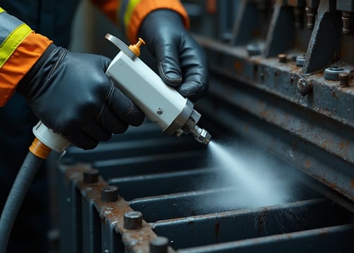 Close-up action shot of an industrial worker's hands cleaning equipment with a dry ice blasting gun.
