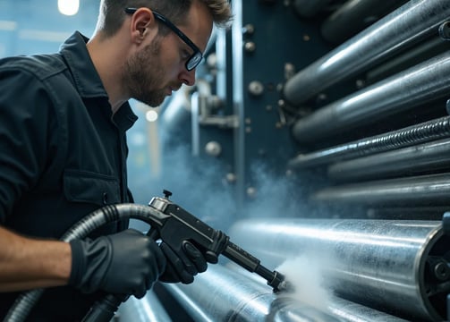 ndustrial technician cleaning a large printing press or roller machine using dry ice blasting.