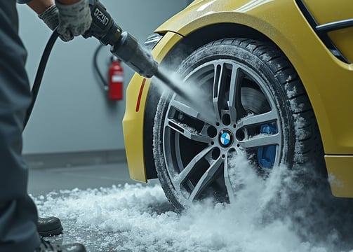A close up of an Automotive technician cleaning a BMW car wheel using Dry Ice Blasting