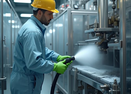 Close-up of industrial technician's gloved hands operating a white dry ice blasting gun on red equip