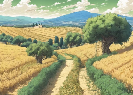a trails near a grain fields with some olive trees in the Spoleto Valley