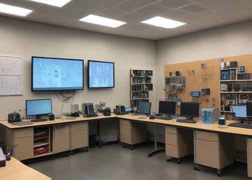 A small robotic vehicle is positioned on a wooden table, equipped with large black wheels and multiple colored wires connected to its top. Various electronic components are scattered around, including a pair of pink scissors, cables, and a small bowl.