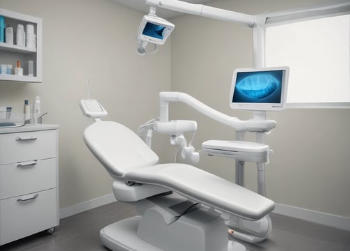 A dentist and a patient are in a dental office. The dentist, wearing scrubs, is pointing at a laptop on a mobile dental unit. The patient, seated in the dental chair, is looking at the screen with a smile. The room contains dental equipment and art featuring teeth on the wall.