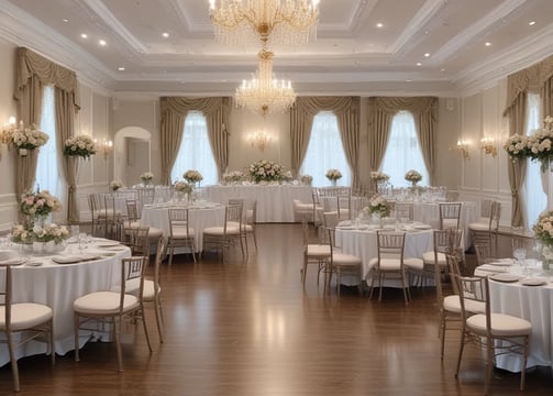 An elegantly decorated banquet setting featuring tall arrangements of white and cream flowers on stands, with cascading flowers overhead. Warm lighting from hanging bulbs adds a soft glow to the scene, complementing the flowing draped fabrics in the background and on the tables.