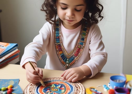 A young child with their hair in a ponytail sits at a table, interacting with a tablet device. The child rests one hand against their face while using their other hand to touch the screen. Natural light filters through large windows in the background, creating a soft and calm environment.