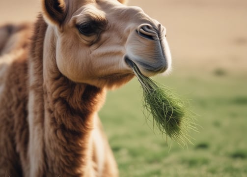 A dark brown alpaca stands on a dry patch of grass in a farm setting. In the background, there are several sheep grazing and trees dotting the hilly, rural landscape. A fence runs along the right side, and there is a pile of logs near the sheep.