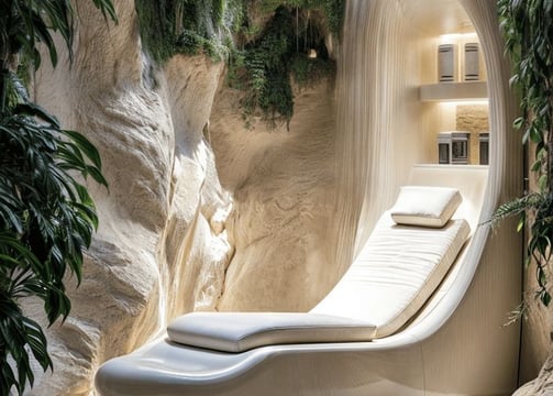 a white lounge chair in a room with a waterfall