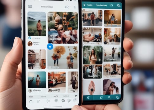 A hand holding a smartphone with an active social media profile page displayed on the screen. The page includes images of people, places, and objects in a grid layout typical of Instagram. The person has manicured nails and is wearing a ring.