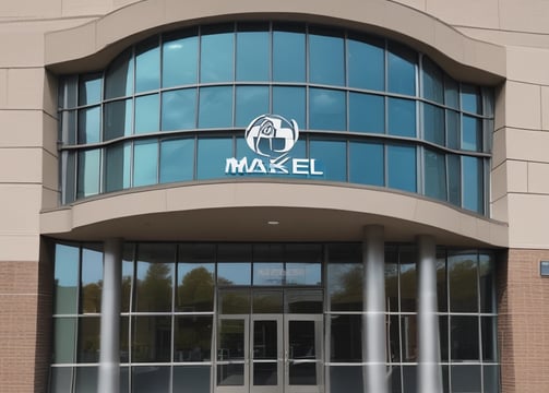 A sign with the text 'MIKAJA' and 'Agencia de envios a Cuba' attached to a brick wall. The sign features a stylized logo with a red and white box, a blue arrow, and a white star on a red background. The brick wall has several patches, some exposed wires, and a partially visible arched window.