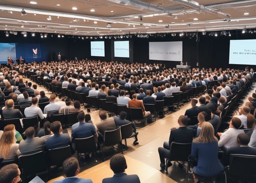 The image depicts a modern indoor setting with posters on a wall featuring a professional headshot and text related to marketing. Silhouetted figures are seated at tables in the foreground, casting shadows. The lighting is dim, creating contrast between the illuminated posters and darker seating area.