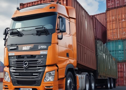 A warehouse setting features a modern automated vehicle labeled 'Stockchaser' with significant branding from Columbia and Cynch. The vehicle, equipped with several wheels, shows a futuristic design illuminated by blue LED lights. Surrounding the vehicle, stacks of boxes indicative of a storage or logistics environment add to the industrial atmosphere, and the background is lit with ambient blue and green lights.