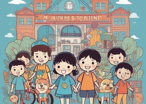A group of children gathers outdoors on an orange mat placed on the ground near a brick wall and rustic building. Some children are sitting with books, while others stand nearby. There's an atmosphere of informal learning or play in a rural setting.