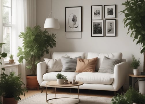 A cozy indoor setting with a beige sofa partially covered by a textured gray blanket. Next to the sofa is a wooden table holding two metal vases, casting soft shadows. The floor is covered in a thick, plush rug with a rich red and pink floral pattern, adding warmth and color to the scene.