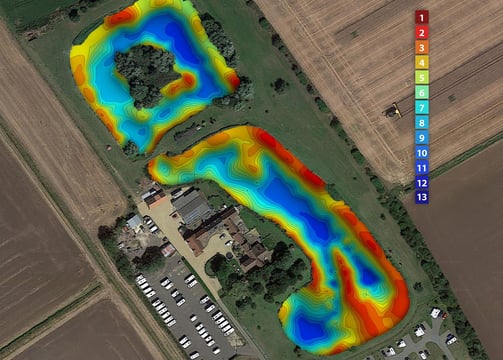 A depth map showing 2 lakes on a caravan touring site.