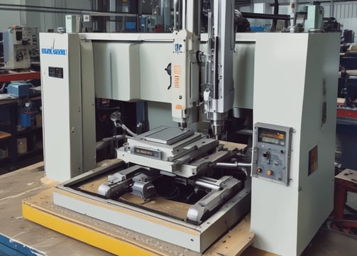 A CNC machine is actively carving out shapes from a sheet of plywood. The machining process involves a rotating cutting tool, creating precise geometric designs. Wood shavings are scattered around the area, indicating an ongoing task.