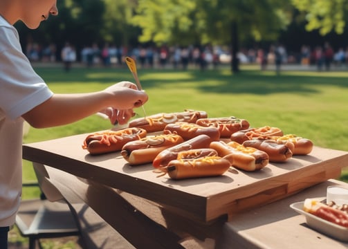 A retro-style turquoise food truck is parked in front of a building. The truck has vibrant red illuminated letters on top spelling out 'BRATYA GRILL' in Cyrillic. The sides of the truck are adorned with illustrations and names of different burger options, including Lucky, Killer, Chicken, Asia, Mona Lisa, Vegan, and Cowboy. Three wooden tables with metal barrels as bases are placed in front of the truck.