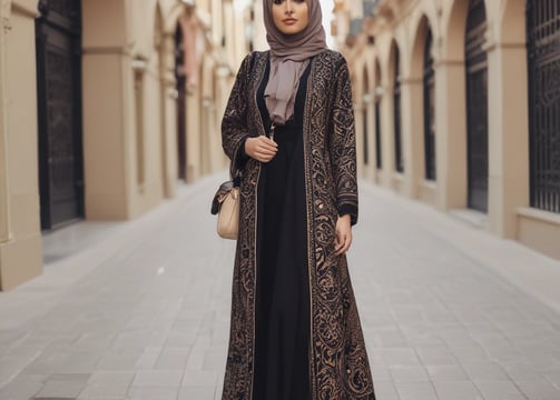 A portrait of a person wearing a silk brown hijab with elaborate makeup, including bold eyeliner and red lipstick. A decorative pendant is visible on the hijab.