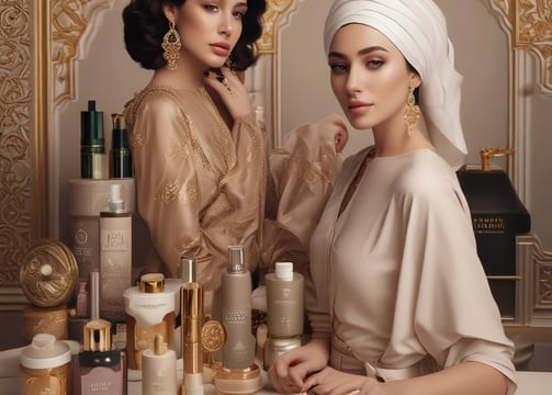 A collection of luxury beauty products is arranged on a textured, light cream surface. There is a bronzing powder with a turquoise and gold compact labeled 'Gucci', a bottle of 'Summer Fridays' mineral milk sunscreen, a small bottle of Jo Malone perfume, and a Dior highlighter in a white, round case.