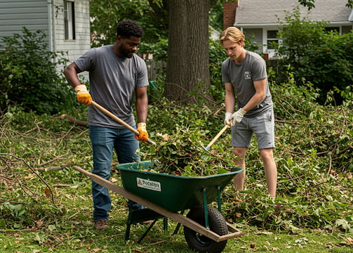 Two men clearing out yard debris from a customer's lawn.
