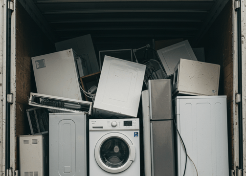 A box truck filled with old junk appliances.