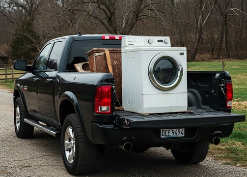 A pickup truck hauling away an old appliance.