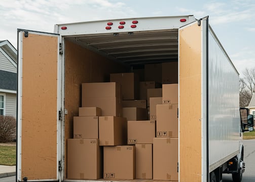 A box truck full of moving boxes.