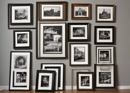 Several framed art pieces are displayed on a dark green wall. The frames are ornate with classic designs, and one of the paintings appears to have historical or classical themes. A large mirror with a simple white frame is also visible.