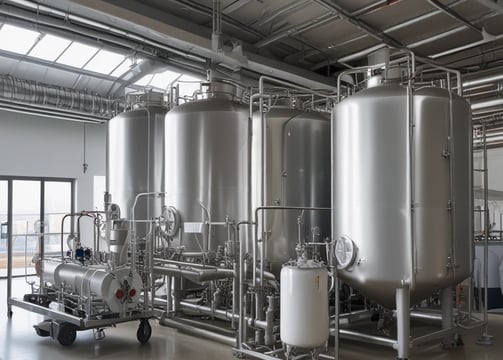 An industrial indoor scene showing an intricate setup of machinery and equipment. There are numerous cables and pipes intertwined, with a chain hoist hanging from above. A staircase is visible on the left side, leading to a platform with railings. Various electrical equipment and control boxes are positioned around the area. The environment seems to be part of a larger facility, with a large vent pipe running horizontally across the wall in the background.