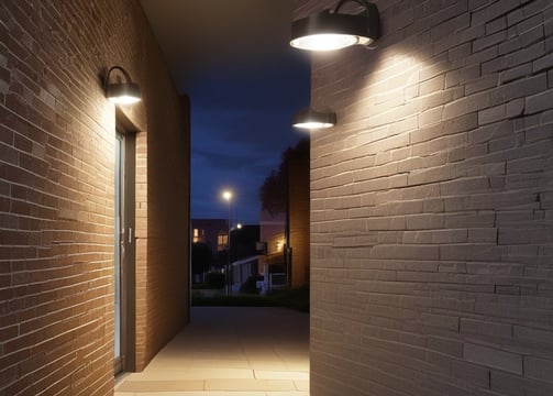 A security camera is mounted on the corner of a modern building with large, light-colored, rectangular panels. The facade has a minimalistic design with clean lines, and parts of window reflections are visible in the upper section.