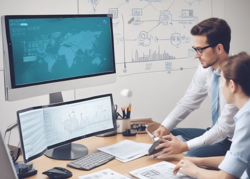 The image depicts an office space with several computer monitors on desks. A red digital display on the wall reads 'Portal Correio'. The room has glass partitions and a modern, streamlined design. Overhead fluorescent lights provide illumination.