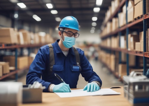 A person in a blue uniform stands in a warehouse aisle, surrounded by shelves filled with yellow plastic bins. The bins are organized and labeled, containing various items, while the industrial lighting provides a bright environment.