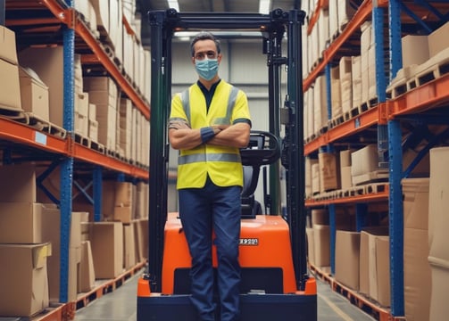 A person in a blue uniform stands in a warehouse aisle, surrounded by shelves filled with yellow plastic bins. The bins are organized and labeled, containing various items, while the industrial lighting provides a bright environment.
