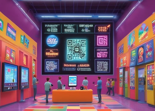A large digital screen displays a close-up image of a face on a brick tower, situated in an urban environment surrounded by modern skyscrapers. People, including children, are playing and walking around the area, which appears to be a public space with water fountains.