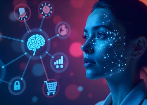 Rostro femenino con conexiones digitales, simbolizando innovación en recursos humanos y tecnología.