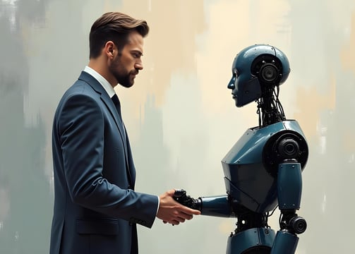 Profesional estrechando la mano de un robot, representando alianzas humanas y tecnológicas.