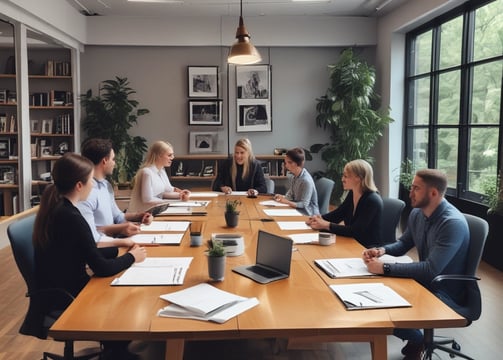 Four men in business attire are engaged in a discussion around a table. One man appears to be explaining something while pointing at some documents in front of them. The others are listening attentively, and one holds a pen and a mobile device. The setting is a plain office environment.