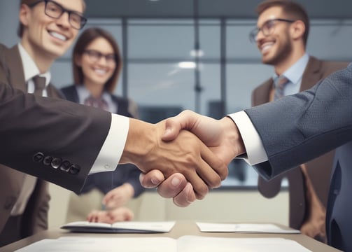 A large group of people seated around a long, rectangular conference table in a well-lit room with wooden paneling and chandeliers. There are water bottles, glasses, notebooks, and other meeting materials on the table. A couple of whiteboards are visible in the background, and the participants are mostly wearing similar attire with name tags.