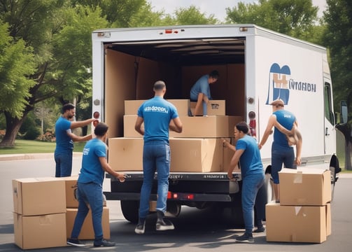 a group of people moving boxes into a moving truck