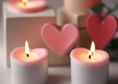 A set of four large pillar candles in red, white, green, and gray is placed on a wooden base. Pine cones, dried orange slices, and evergreen branches are used as decorative elements around the candles. The background shows a rustic interior with a yellow brick wall and green chairs.