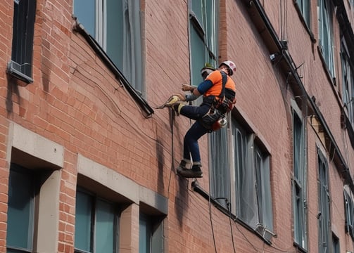 Several workers are suspended on ropes, cleaning the tall windows of a modern building. The building facade is covered with various advertisements and exhibits a sleek, industrial design. Two people are standing on the ground, watching the operations.