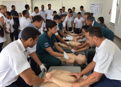 A dimly lit computer lab features several workstations with monitors and keyboards arranged in a line. A design composed of blue lines and the word 'Amcbridge' is visible on the wall. Vertical blinds partially cover the window, letting in minimal light.